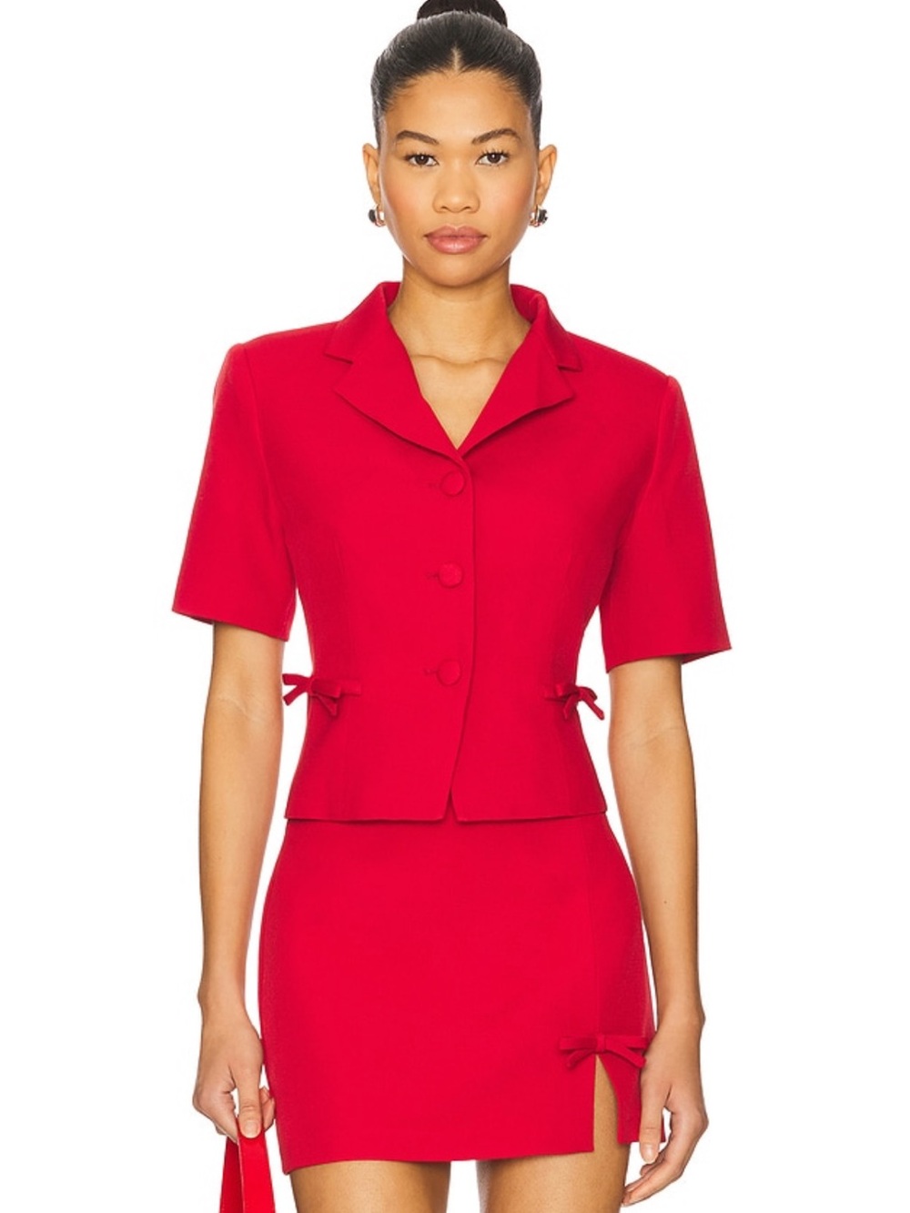 ASTR The Label Red Short Sleeve Buttoned Blazer & Skirt Set
